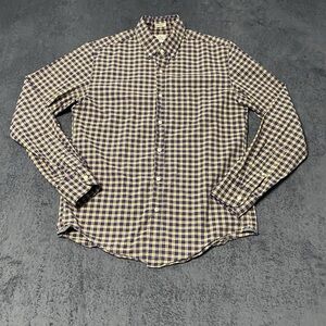 J Crew Classic Button Down Shirt Mens S Blue Tan Plaid 2 Ply Cotton Lightweight
